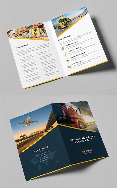 Logistic Bi-Fold Brochure Template PSD 2 Fold Brochure Design, Bi Fold Brochure Design, Brochure Sample, Catalog Design Layout, Travel Website Design, Brochure Inspiration, Trifold Brochure Design, Brochure Template Psd, Portfolio Template Design