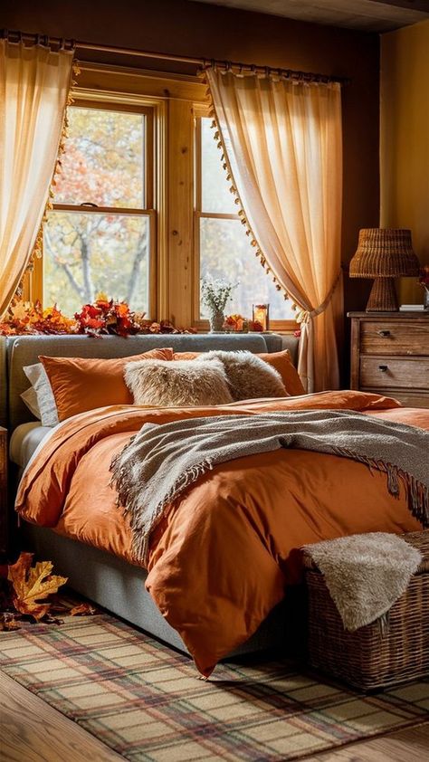 Fall Cottage Bedroom, Fall Guest Bedroom Decor, Autumnal Bedroom, Autumn Bedroom Aesthetic, Autumn Bedroom Decor, Fall Core, Autumn Bedroom, Fall Bedroom Ideas, Fall Decor Bedroom