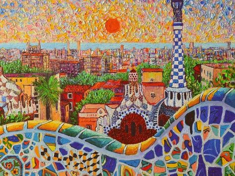 Famous Hispanic Artists – Ms. Austin's Spanish Class Parque Guell, Gaudi Art, Sunrise Park, Hispanic Artists, Park Guell, Spanish Art, Cat Air, Colors And Patterns, Cross Paintings