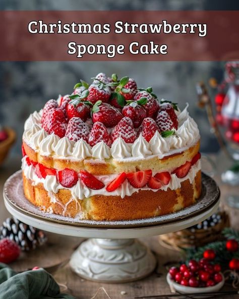 Fast Recipes | Christmas Strawberry Sponge Cake | Facebook Christmas Strawberry Cake, Christmas Sponge Cake, Sponge Cake Decoration, Strawberry Christmas, Strawberry Sponge Cake, Christmas Strawberry, Sponge Cake Recipes, Fast Recipes, Recipes Christmas