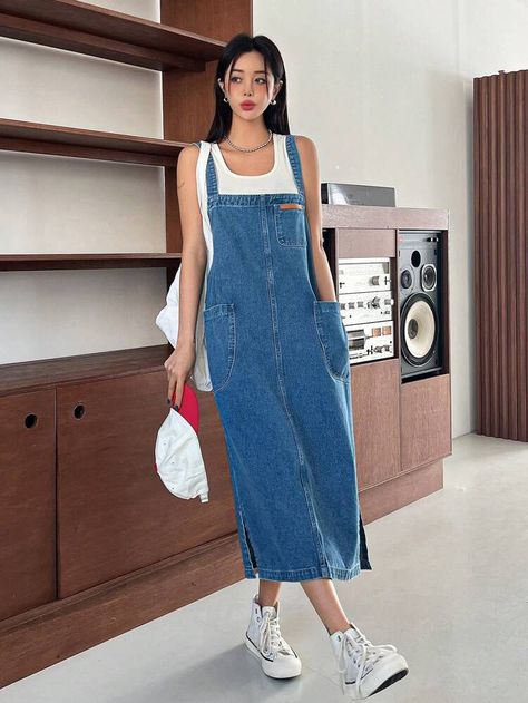 DAZY Letter Patched Detail Pocket Front Denim Dress Without Tank Top | SHEIN USA Jumper Dress Outfit, Denim Pinafore Dress, Outfit Denim, Denim Pinafore, Top Shein, Pinafore Dress, Dress Outfit, Denim Outfit, Jumper Dress