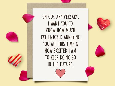 "This anniversary card will make your loved one laugh out loud on your special day. Grab one then include it in the gift box to make him/her surprise! .: White sealable envelope included for each card .: Two size options available: 4\"x6\" and 5\"x7\" .: 111# Matte Cover - Triple coated to boost to the contrast of your photos and allows for flawless ink transfer and adhesion resulting in exceptional image quality with very little glare .: High quality printing technique which makes the design la Anniversary Message For Boyfriend, Random Diys, Paper Wedding Anniversary Gift, 1st Anniversary Cards, Anniversary Card For Husband, Engagement Quotes, Anniversary Cards For Him, Anniversary Gift For Boyfriend, Funny Wedding Cards