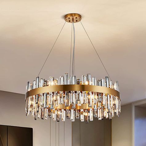 Siljoy Modern Round Crystal Chandeliers, Brushed Gold K9 Crystal Hanging Ceiling Light, 3-Way Dimmable Pendant Lighting Fixture for Dining Room Kitchen Island Living Room, E12 Bulbs x 16, Dia 31.5'' - - Amazon.com Raindrop Chandelier, Spa Aesthetic, Round Crystal Chandelier, Crystal Chandelier Lighting, Modern Crystal Chandelier, Crystal Ceiling Light, Crystal Pendant Lighting, Gold Lamp, Round Chandelier