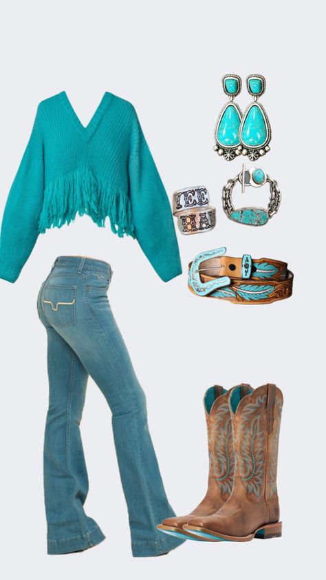 #countryvibes #countrygirl #countryaesthetic #countrymusic #countryside #country #rodeofit #western #westernaesthetic #westernfashion #westernfit #westernstyle #westernoutfit Feminine Country Outfits, Southern Girl Outfits, Southern Preppy Outfits, Vaquera Fits, Turquoise Outfit, Country Western Outfits, Country Outfits Women, 70s Inspired Outfits, Country Fits