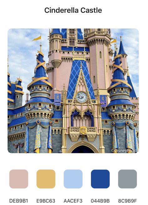 Magic Kingdom Color Palette, Vintage Disney Color Palette, Disney Castle Color Palette, Disney Paint Colors, Disney Wedding Color Scheme, Disneyland Color Palette, Disney Color Schemes, Disney Colour Palette, Cinderella Color Palette