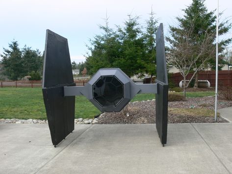 Star Wars Props Diy How To Build, Star Wars Yard Decorations, Diy Tie Fighter, Star Wars Diy Decorations, Backyard Sculptures, How To Make Earth, Star Wars Activities, Star Wars Tie Fighter, Star Wars Tie