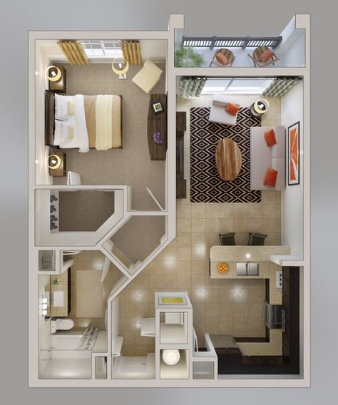 Want a one bedroom with plenty of kitchen space? Then you'll love this plan, which showcases a gorgeous U-shaped kitchen complete with breakfast bar, lots of cabinetry, modern appliances, and granite countertops. A gourmet's dream! As for the rest of the space, the modern furnishings (like that AMAZING rug) and the charming details (large windows, recessed lighting throughout, and a charming balcony) make this space unforgettable. Perfect Tiny House, Garage Cottage, Rent House, Granny Flats, Apartment Floor Plans, U Shaped Kitchen, Modern Appliances, Apartment Layout, Apartment Plans