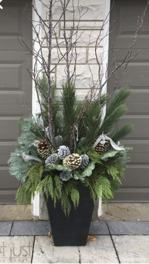 Winter Porch Pots, Outdoor Planter Ideas, Porch Pots, Winter Planters, Christmas Urns, Outdoor Christmas Planters, Holiday Planter, Winter Planter, Porch Decorations