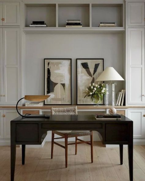 Home Office Wall Art Ideas To Jazz Up Your Workspace, Diptych Abstract Home Office Wall Art Transitional Office Ideas, Womans Office Space, Office With Piano, Modern Traditional Home Office, Built In Shelves Office, European Home Office, Home Office Seating Area, Office Inspo Decor, White Office Interior