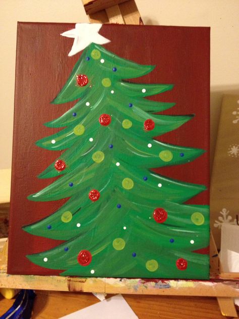 Easy Christmas Painting Tutorial, Christmas Painting Step By Step, Simple Christmas Tree Painting, Christmas Paintings Simple, Painting Christmas Ideas, Easy Christmas Tree Painting, Christmas Painting Party, Christmas Tree Painting Easy, Christmas Paintings Easy Simple