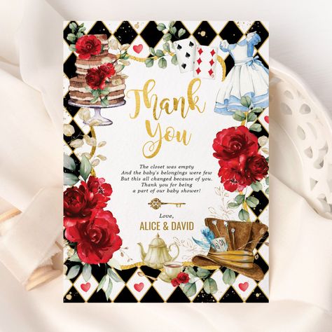 Red Alice in Wonderland Baby Shower Thank You Card | #aliceinwonderland #madhatter #aliceinonederland #thankyounotescards #flowerhighteafortwo #teapartysipandsee #whimsicalteapotmagicalteacup #watercolorredfloralroses #burgundybabyshowerfavors #girlsbirthday Burgundy Baby Shower, Alice In Onederland, Alice In Wonderland Mad Hatter, Wonderland Mad Hatter, Boho Invitations, Sip And See, Alice In Wonderland Birthday, Photo Thank You Cards, Baby Shower Thank You Cards