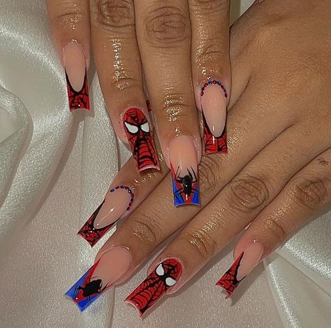 Gel X Tips, Blue Spiderman, Themed Nails, Coffin Shape, Acrylic Nails Coffin Short, Design Nail, Acrylic Nails Coffin, Nails Coffin, French Nails