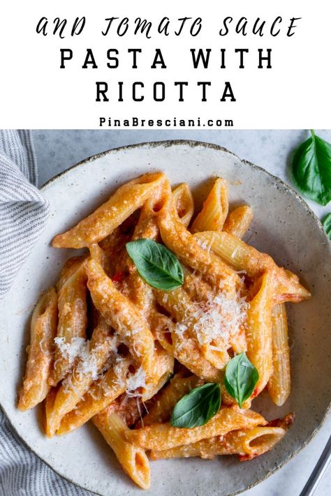 Pasta With Ricotta And Tomato Sauce in a bowl Red Sauce With Ricotta Cheese, Ricotta Red Sauce Pasta, Tomato Basil Ricotta Pasta, Cherry Tomato Ricotta Pasta, Ricotta Sauce Pasta, Easy Ricotta Pasta Recipes, Ricotta Tomato Sauce, Pasta With Ricotta Cheese Simple, Creamy Roasted Tomato Ricotta Pasta