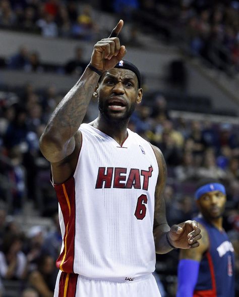 Miami Heat forward LeBron James (6) reacts to a play against the Detroit Pistons in the second quarter of an NBA basketball game in Auburn Hills, Mich., Sunday, Dec. 8, 2013. (AP Photo/Paul Sancya) Udonis Haslem, Nba Basketball Game, Nba Memes, Okc Thunder, Basketball Game, Kyrie Irving, Pro Sports, Detroit Pistons, Basketball Games