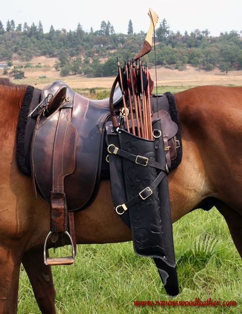 Bow and arrow quiver for horse riding or to wear across back Arrow And Bow, Horse Archery, Horse Bow, Mounted Archery, Bow Quiver, Horse Facts, Open Season, Horse Armor, Horse Gear