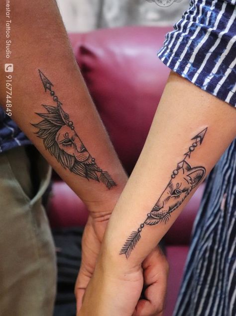 Matching Tattoo For Married Couple, Couple Lion Tattoo Ideas, King And Queen Lion Tattoo For Couples, Couple Sleeve Tattoo, Couple Unique Tattoos, His N Hers Tattoos Couples, Corresponding Tattoos Couples, Matching Lion Tattoos Couples, Couples Tattoo Designs Unique