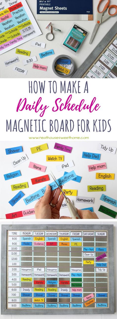 Teach your kids time management with this quick and inexpensive DIY magnetic board schedule. Print at home on magnetic sheets and get organized today! via @flaviablogger Diy Organisation Scolaire, Diy Schedule, Magnet Board Kids, Pinboard Diy, Diy Inspiration Board, Diy Magnet Board, Schedule Board, Organizing Time Management, Office Organization At Work