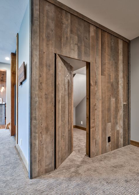 Square Edge Wire brushed cedar Interior wall material in 1x4, 1x8  to create an accent wall that conceals a door, creating a secret room. Timber Accent Wall, How To Make A Door Blend Into The Wall, Reclaimed Timber Wall, Rustic Wall Paneling, Barn House Kitchen, Cedar Interior, Ceiling Cladding, Home Decor Cozy, Make A Door