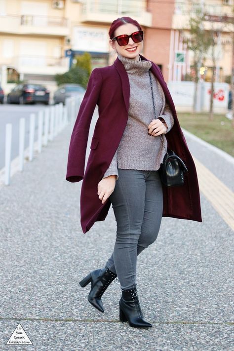 https://www.doyouspeakgossip.com/2018/12/burgundy-grey-outfits/ Burgundy And Grey Outfits, Peach Outfits, Grey Outfits, Peach Clothes, Burgundy Outfit, Warm Clothes, Grey Outfit, I Changed, Warm Outfits