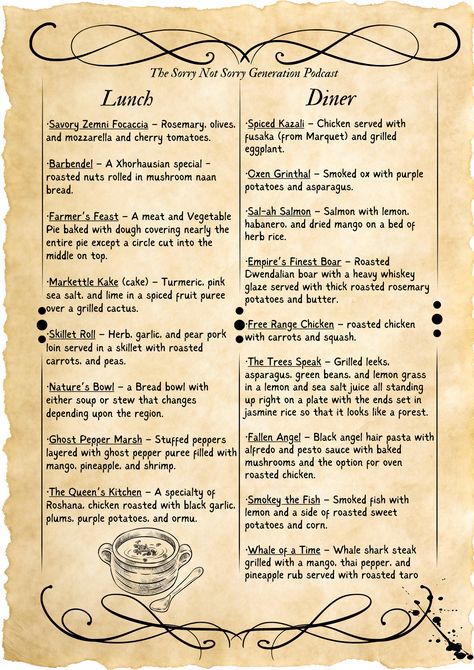 A menu inspired partly by dnd, critical role's Wildemount, and RPG games in general. Add this to your next campaign to add a little more fun to those inevitable tavern sessions Dnd Food Recipe, Watercolor Food Illustration, Nut Rolls, Game Cafe, Dnd Stories, Magic System, Dungeons And Dragons 5e, Watercolor Food, Fantasy Props