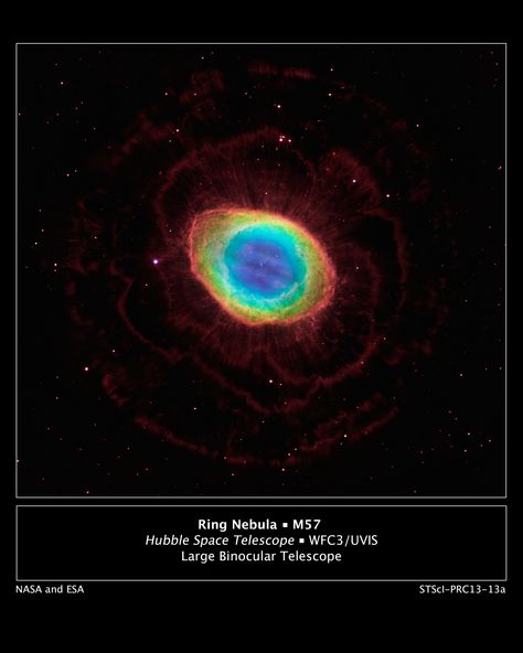 [astronomy] In this composite image, visible-light observations by NASA's Hubble Space Telescope are combined with infrared data from the ground-based Large Binocular Telescope in Arizona to assemble a dramatic view of the Ring Nebula. The planetary nebula is about 2,000 light-years away in the constellation Lyra and measures roughly one light-year across. In the image, the blue color represents helium; the green, oxygen; and the red, hydrogen. ~Al. A. Telescope Observatory, Ring Nebula, Planetary Nebula, Astronomy Physics, Last Goodbye, Stars Universe, Nasa Hubble, Star Clusters, Science Astronomy