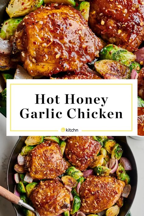 Hot Honey Garlic Chicken, Honey Garlic Glaze, Honey Chicken Thighs, Cast Iron Skillet Recipes Dinner, Skillet Chicken Thighs, Honey Garlic Chicken Thighs, Crispy Chicken Thighs, Chicken Skillet Recipes, Cast Iron Recipes