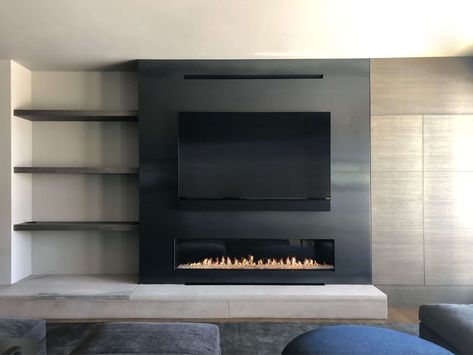 Flare Front Facing 70″ Fireplace Fireplace Entertainment Wall, Low Profile Fireplace With Tv Above, Linear Fireplace With Tv Above Modern, Modern Fireplace With Built Ins, Fireplace Ideas Modern Contemporary, Modern Fireplace Tv Wall, Offset Fireplace, Electric Fireplace Living Room, Modern Outdoor Fireplace