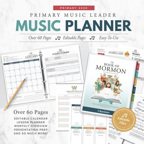 This 2020  Primary Music Planner is perfect for Primary Choristers and pianist! This is a DELUXE package that offers everything you will need to stay organized this upcoming year! Over 60 valuable pages will help assist you in your responsibilities and organization of your program! Simply download the PDF files, open them in Adobe Reader, add text to the planner pages, print on Letter size paper, and insert into a binder. This is a DIGITAL INSTANT DOWNLOAD. A Printable PDF file will be availab Red Headed Hostess, The Red Headed Hostess, Primary Presidency, January Books, Primary Books, Time Lessons, Primary Chorister, Birthday Tracker, Primary Activities