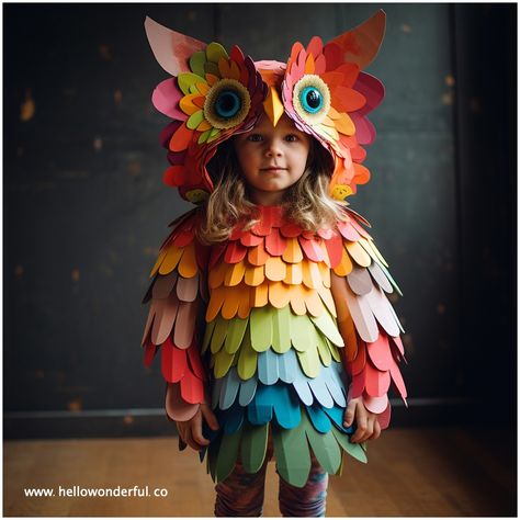 Rainbow Owl Costume. Kids Halloween costumes. DIY Owl costume Infant Owl Costume, Diy Horse Tail Costume, Diy Woodland Animal Costume, Insect Family Costumes, Paper Costumes Diy, No Sew Owl Costume, Beaver Costume Diy, Halloween Costume Diy Ideas, Diy Safari Animal Costume