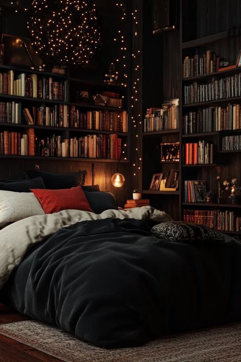 Dark Sophisticated Aesthetic, Dark Academia Decor Ideas, Cozy Bedroom Dark, Academia Bedroom Decor, Dark Cottagecore Aesthetic Bedroom, Cozy Dark Bedroom Aesthetic, Cozy Academia Aesthetic, Dark Academia Bedroom Aesthetic, Academia Bedroom Aesthetic