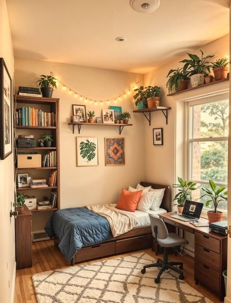 Earth Tones Dorm Room, Cozy Minimalist Bedroom Small Spaces, Cozy Maximalism Small Bedroom, Bedroom Idea Minimalist, Small Room Arrangement Ideas, Small Cozy Room Decor Bedroom, Cozy Room Decor Small Bedrooms, Room Arrangement Ideas Bedroom, Bedroom Wooden Furniture