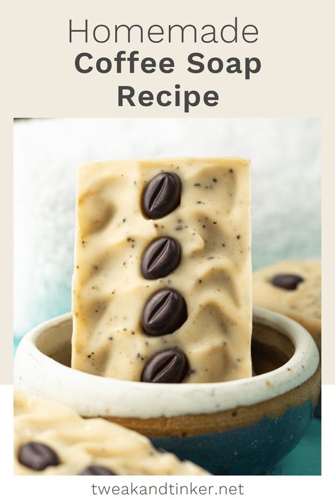 Make this cold process soap with freshly brewed coffee, ground coffee beans and soap "coffee beans" on top. The perfect gift for any coffee lover! Coffee Soap Recipe, Soap Making For Beginners, Melt And Pour Soap Recipes, Homemade Lip Balm Recipe, Peppermint Coffee, Natural Soaps Recipes, Hot Process Soap, How To Make Soap, Body Essentials