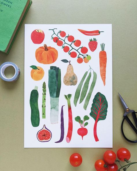 A print of my art depicting various fruits and veggies, making a great addition to the home of any passionate gardener. Brighten your space with bold, vibrant colours that will make a statement on the kitchen wall. This design is inspired by my own vegetable-growing journey. Professionally printed onto thick high quality paper Available in A4 (297mm x 210mm) and A3 (420mm x 297mm) sizes Hand-signed Packaged in a compostable cello sleeve and recycled backing board Posted in a hard backed envelope Kitchen Watercolor Art, Asparagus Watercolor, Illustrated Vegetables, Vegetable Print Art, Painted Vegetables, Veggies Illustration, Fruits And Vegetables Illustration, Collage Food, Fruit And Veggie Prints