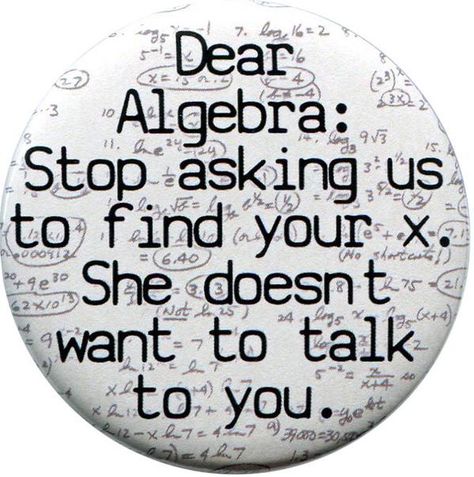 Dear Algebra, Funny Buttons, Math Jokes, Cool Buttons, Math Humor, Teacher Humor, A Button, Funny Pins, Funny Comics