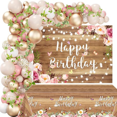 PRICES MAY VARY. 【Happy Birthday Decorations 105PCS】Package includes: Wood Floral Backdrop x1, Tablecloth x1, 12in Balloons x32pcs, 10in Balloons x46pcs, 5in Balloons x23pcs, Balloon Chain x1, Dot Glue x1 【Premium Balloons】103pcs high quality Latex balloons to make a nice balloon arch. 【Exuisite Designed Tablecloth】The tablecloth measures 274x137cm. It's made of high-quality PE fabrics with vivid printing, lightweight, durable, washble and reusable. They will not fade even after repeated washing Birthday Decorations Women, Floral Happy Birthday, Backdrop Balloon, Birthday Party Props, Flower Birthday Party, Happy Birthday Backdrop, Flower Birthday, Flower Wall Backdrop, Birthday Flower