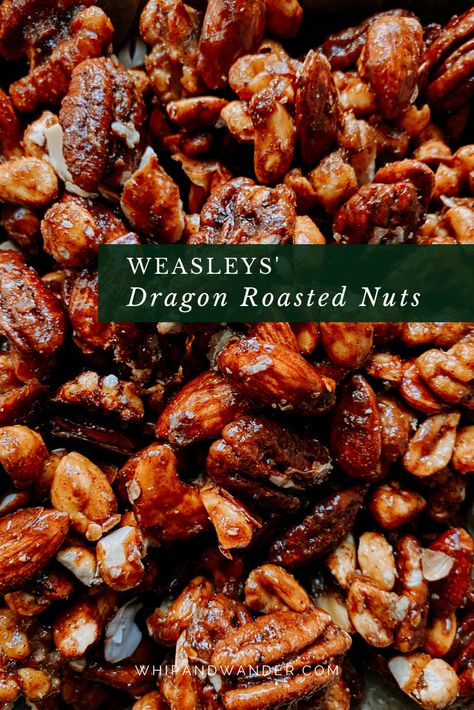 My version of Weasleys Dragon Roasted Nuts may not gain their heat from a real dragon, they contain a blend of spices that are both fiery and sweet. | whipandwander.com | #harrypotterrecipes #harrypotter #youmustbeaweasley #weasleyswizardwheezes #weasleysdragonroastednuts #roastednuts #dragonroastednuts #spicynuts #spicyandsweet Christmas Spiced Nuts Recipe, Savory Holiday Treats Gift Ideas, Spiced Mixed Nuts Recipe, Roasted Nuts Sweet, Sweet And Salty Nuts Recipe, Flavored Nuts Recipes, Christmas Nuts Recipes, Roasted Nuts Recipe Savory, Holiday Treats Christmas Gifts