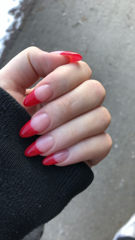 Red Thick French Tip Nails, Deep French Tip Nails, 23 Nails, Red French Tips, French Fade Nails, Red French Tip, Classy Almond Nails, Almond Nails French, Vegas Nails