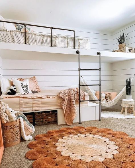 25 Loft Bed Ideas for Kids Waverly Loft Bed, Loft Bed Side Table Ideas, Floating Bed Bedroom Ideas, Teen Girl Bunk Bed Rooms, Built In Loft Beds For Kids, Loft Bunk Bed Ideas, Wall Loft Bed, Boho Loft Bed, Kid Loft Bed