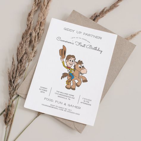 Toy Story Baby Woody 1st Birthday Invitation | Zazzle Woodys Roundup Party Invitation, Toy Story First Birthday Invitation, Woody Invitations Toy Story, One Year Old Toy Story Birthday, Neutral Toy Story Party, First Birthday Toy Story Theme, First Birthday Toy Story, Toy Story Party Invitations, Toy Story 1st Birthday Party Ideas