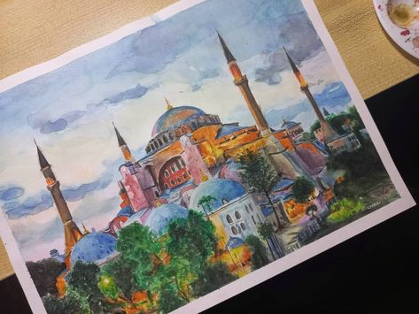 Watercolor Drawing of Hagia Sophia Prang Watercolor, Watercolor Rendering, Vw Art, Architecture Design Drawing, Paper Butterfly, Hagia Sophia, Design Drawing, Designs To Draw, New Room