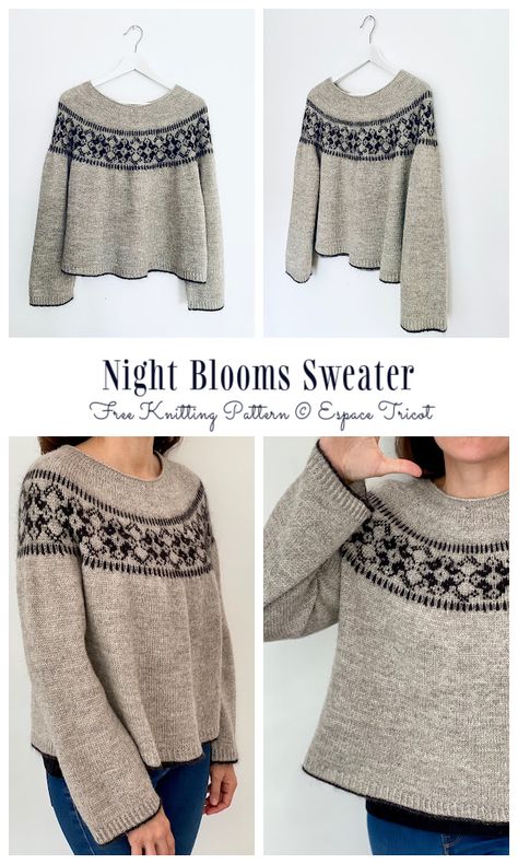 Night Blooms Sweater & Hat Set Free Knitting Patterns - Knitting Pattern Yoke Sweater Pattern Free, Yoke Knitting Pattern Free, Knit Fair Isle Sweater Pattern Free, Beautiful Knitting Patterns, Yoke Sweater Knitting Pattern, Free Knit Sweater Patterns For Women, Fair Isle Sweater Knitting Patterns, Top Down Sweater Patterns Free Knitting, Knit Sweater Pattern Free