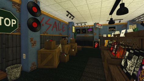 Store Empire Roblox Ideas, Bloxburg Abandoned City, Bloxburg Arcade Decals, Bloxburg Thrift Shop, Bloxburg City Shops, Bloxburg Laundromat, Bloxburg City Decals, Roblox Builds, Punk House