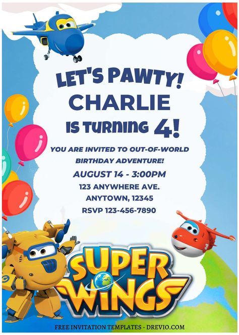 Download Now (Free Editable PDF) Cheerful Super Wings Birthday Invitation Templates           Every element in these templates is carefully crafted to bring a smile to your child's face. From the intricate depiction of Earth to the fluffy ... Super Wings Birthday Party Decorations, Super Wings Birthday Party, Super Wings, Bday Invitations, Free Printable Birthday Invitations, Birthday Party Printables, Free Printable Invitations, Free Invitation Templates, Printable Birthday Invitations