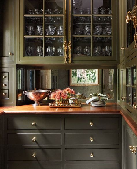 Entertaining essentials in the pantry. #LuxeAtHome. @sandow | Photo: @annieschlechter; Architecture: @apparatusarch; Interiors:… Antiqued Mirror Backsplash, Antique Mirror Backsplash, Kitchen Cabinet Color, Cremone Bolt, Beautiful Pantry, Butler’s Pantry, Mirror Backsplash, Red Brick House, Cabinet Color