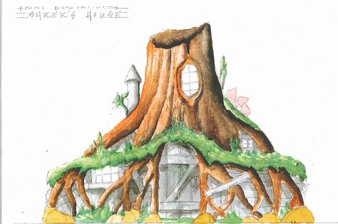 Rendering of Shrek's House from Shrek by Tim Wisgerhof Shrek House, Shrek Decor, Shrek Swamp, Shrek Baby, Shrek Musical, Shrek Costume, Fairy Jars, Fairy Crafts, Theatre Set