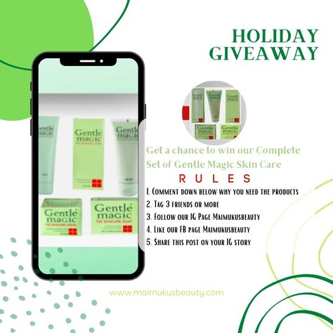 Holiday Giveaway🥳😍 Enter to win our Complete Set of Gentle Magic Skin Care.😍 📣Rules: 1. Please explain why you need the products in the comments section. 2. Tag atleast 3 friends. 3. Follow us on Instagram @maimukusbeauty. 4. Like our Facebook page Maimukusbeauty. 5. Share this post on your Instagram story. We will announce the winner at the end of the month! ♥️♥️ Goodluck Lovely! 🤩🥳 Holiday Giveaway, Holiday Giveaways, 3 Friends, Fb Page, Enter To Win, The Winner, Ig Story, To Win, Instagram Story