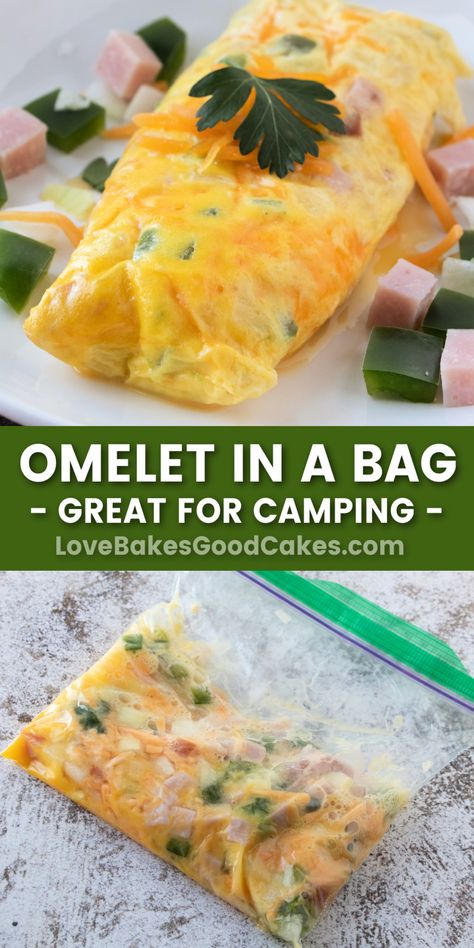 omelet in a bag pin collage Omelette Recipes, Omlet Recipes, Omelette Recipe Easy, Breakfast Slider, Garden Camping, Camping Breakfast, Omelette Recipe, Easy Camping Meals, Egg Dishes