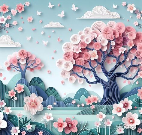 Japanese-inspired AI generated paper cutout of a cherry blossom landscape. Cherry Blossom Landscape, Paper Cutout, Cherry Blossom, Blossom, Cherry, Books