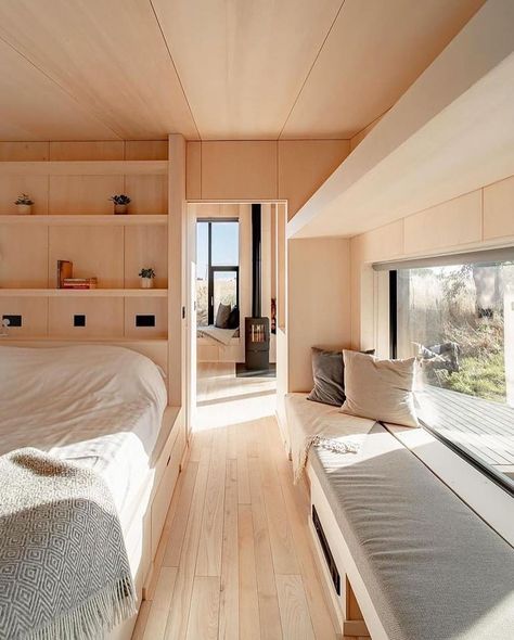 Interior Cabin, Prefab Cabins, The More The Merrier, Light Hardwood Floors, Outdoor Living Rooms, Tiny Cabins, Built In Seating, Beach Shack, Modern Cabin