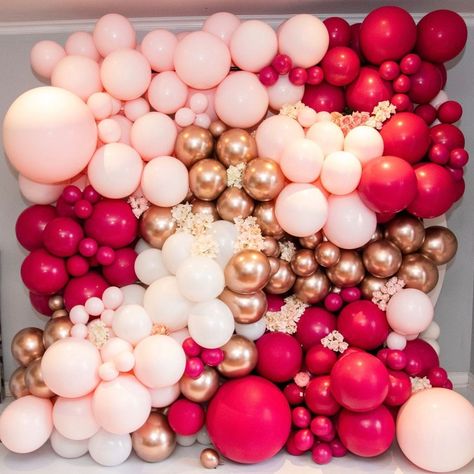 Balloon wall, pink balloon wall, organic balloon wall, burgundy balloon wall, fuchsia balloon wall, rose gold balloon wall Pink Sweet 16, Mini Garland, Gold Graduation Party, Red Wedding Theme, Shimmer Wall, Gold Confetti Balloons, One Balloon, Rose Gold Balloons, Custom Balloons